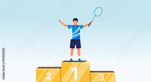 Young Badminton Player Celebrates Victory on Podium Holding Racquet High