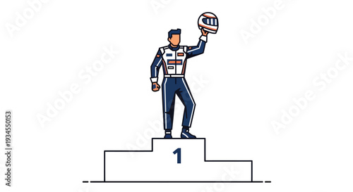Successful Race Car Driver Celebrates Victory on Podium Holding Helmet Aloft