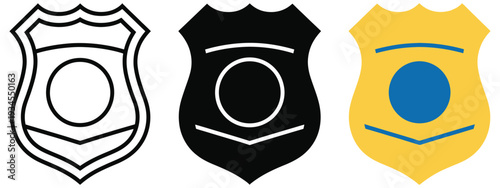 Police badge vector set including outline, solid black, and colored design variations for police symbols, law enforcement branding, security services, and official badge design applications.