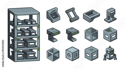 A set of pixel art icons shows a metal storage rack with boxes alongside various isometric futuristic machinery parts and a small robot against a white background.