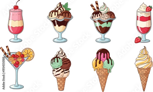 Ice Cream Sundae and Milkshake Vector Set with Chocolate, Strawberry, Mint Scoops, Waffle Cones and Dessert Glass Illustrations