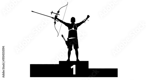 Silhouette of a triumphant archer on a winner s podium celebrating a victory with bow and arrow