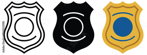 Police badge icon or logo in three variations with outline, solid black, and colored design for law enforcement, security, police department, and professional vector illustration projects.