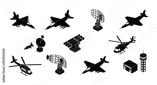 Black silhouettes of military aircraft radar systems and airport control tower