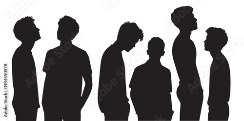 black silhouette of six men with different hairstyles 