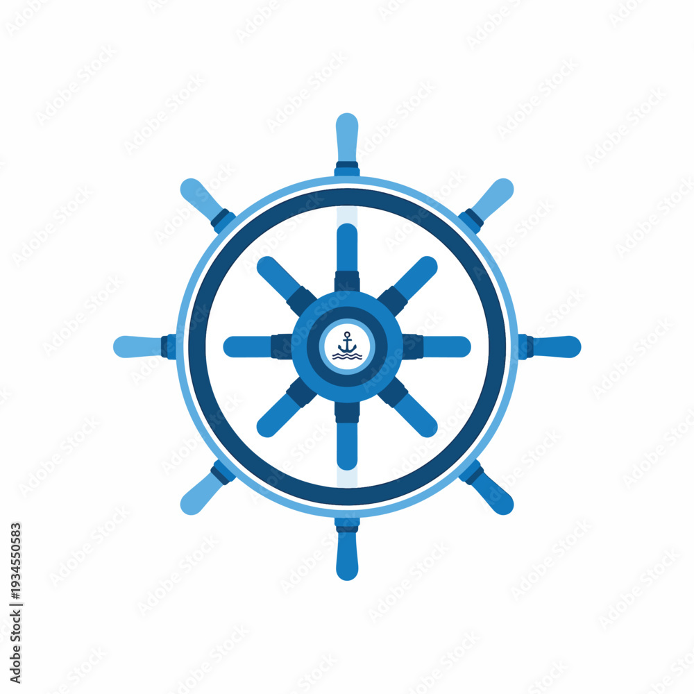 Obraz premium Blue Ship Wheel with Anchor Icon.