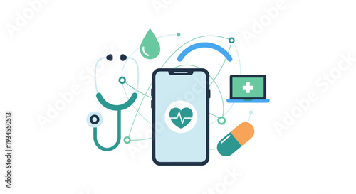 Digital Health Telemedicine Concept. Mobile App Connecting Healthcare Devices: Stethoscope, Laptop, and Medical Services for Online Consultation & E-Health.