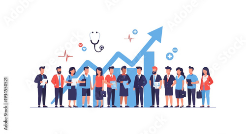 Healthcare Business Growth & Success Team: Professionals with Rising Medical Data and Market Trend Graph Illustration