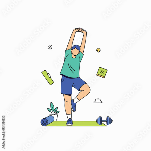 Man Stretching on Yoga Mat with Dumbbells.