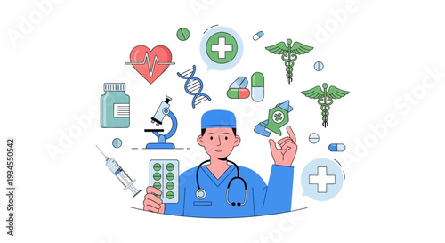 Healthcare and Medical Science Illustration with Doctor and Comprehensive Icons