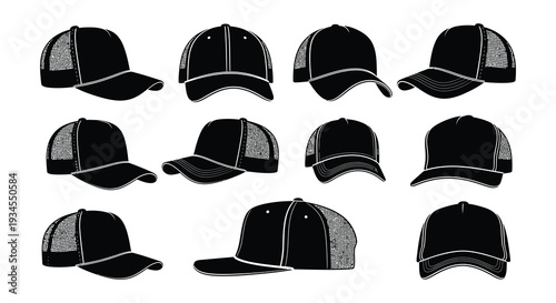Collection of black baseball caps in various styles and perspectives