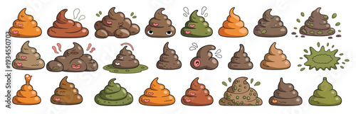 collection of cartoon style poop illustrations with various