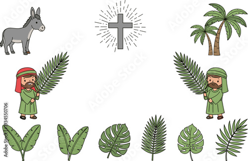 Palm Sunday Christian Illustration Set with Jesus Entry Symbols, Donkey, Cross, Palm Branches and Biblical Characters Cartoon Vector Collection