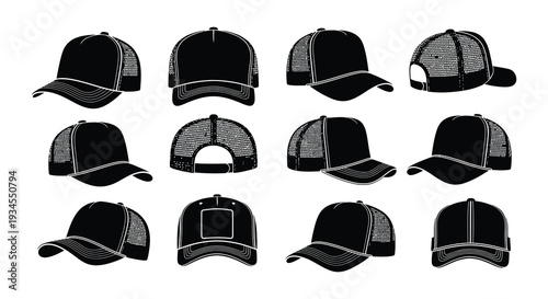Collection of black baseball caps in various styles and perspectives