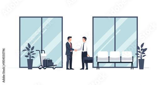 Two professional businessmen in formal suits are shaking hands to finalize a deal in a bright, modern office waiting area with large windows and minimalist furniture.