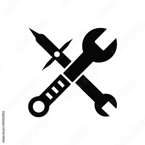 A black and white icon of a wrench and a screwdriver