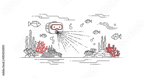 A futuristic underwater drone with a light beam explores a vibrant coral reef ecosystem filled with fish and seaweed, all depicted in a modern line art style.