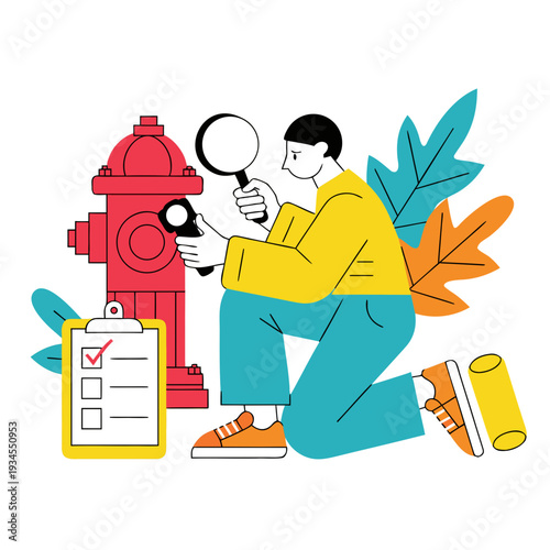 A man examines a fire hydrant with a magnifying glass