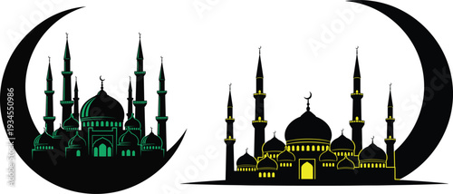 Stylized mosque illustrations enclosed within crescent moons in green and yellow designs, symbolizing Islamic culture, Ramadan, Eid, spirituality, and festive religious architectural celebration