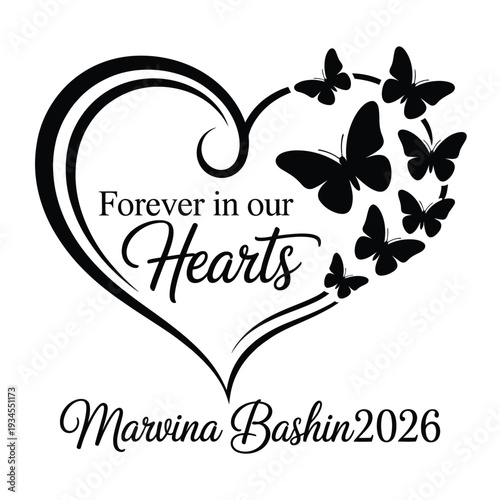 Black butterflies and a heart shape with a memorial inscription