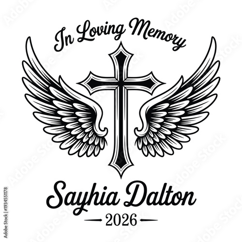 A memorial design featuring a cross with wings and the name Sayhia Dalton