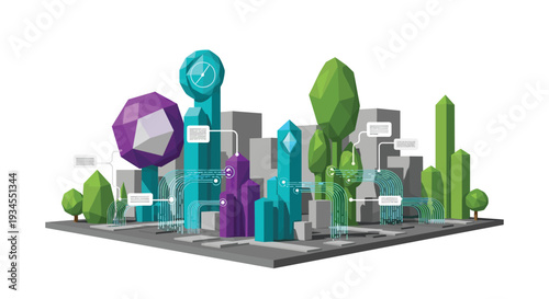 An isometric, low-poly representation of a futuristic smart city with colorful buildings, trees, and interconnected data networks displayed as glowing lines and infographics.