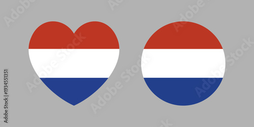 Dutch flag circle, heart icons. Set of Round, heart flag of Netherlands banners, stickers. Set of button, badge Holland flag.
