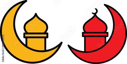 Stylized mosque illustrations enclosed within crescent moons in red and yellow designs, symbolizing Islamic culture, Ramadan, Eid, and religious celebration with architectural domes and minarets