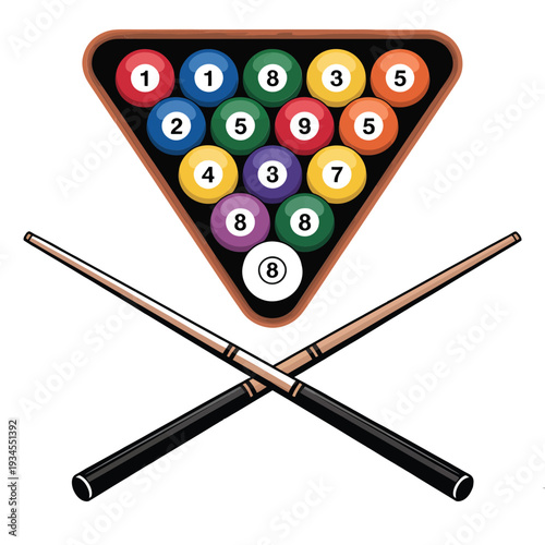 Rack of billiard balls with crossed pool cues a game setup