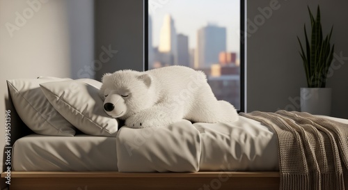 Wallpaper Mural A child and a teddy bear relax on a comfortable sofa in a bright home living room featuring modern interior design and a large window Torontodigital.ca