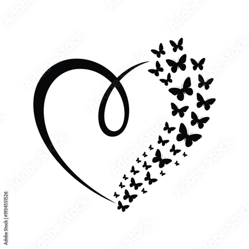 A black heart shape transforms into a fluttering swarm of butterflies