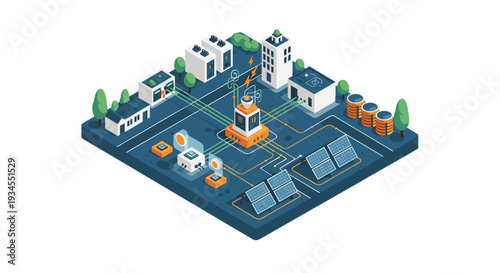 An isometric view of a modern smart grid system shows a central station distributing renewable energy from solar panels to buildings and battery storage units.