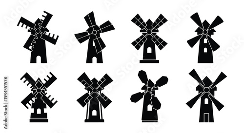 Eight black silhouettes of traditional windmills arranged in a grid pattern