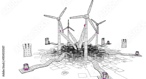 A conceptual wireframe illustration shows a modern city powered by large wind turbines, highlighting renewable energy infrastructure.