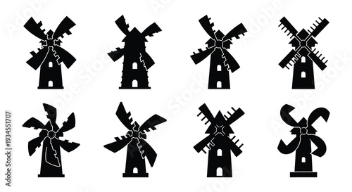 Eight black silhouettes of traditional windmills arranged in a grid pattern