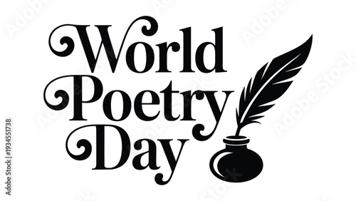 MobiWorld Poetry Day elegant black typography with feather quill and ink pot illustration for literary celebration poster design