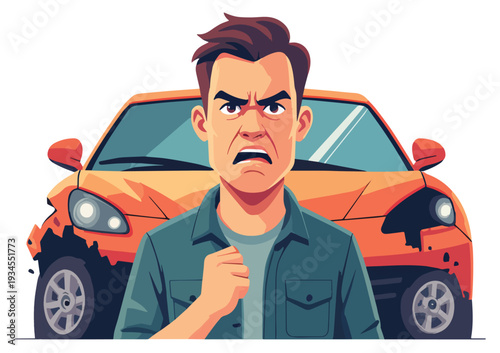 macchina automobile rotta con uomo arrabbiato per incidente  stradale  vettoriale