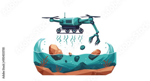 A futuristic exploration drone with wheels and a robotic claw collects rock samples from the bottom of a body of water.