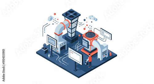 An isometric illustration shows a complex industrial HVAC and air purification system being monitored by a technician.