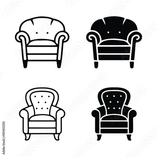 Four black and white icons depicting different styles of armchairs