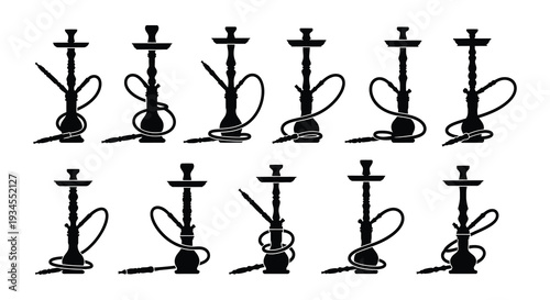 Collection of black silhouette hookah pipes in various styles and positions