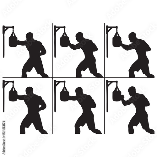 Boxer Training Silhouettes Set with Speed Bag and Punching Actions, Combat Sports Training Vector Icons of Athlete Striking and Boxing