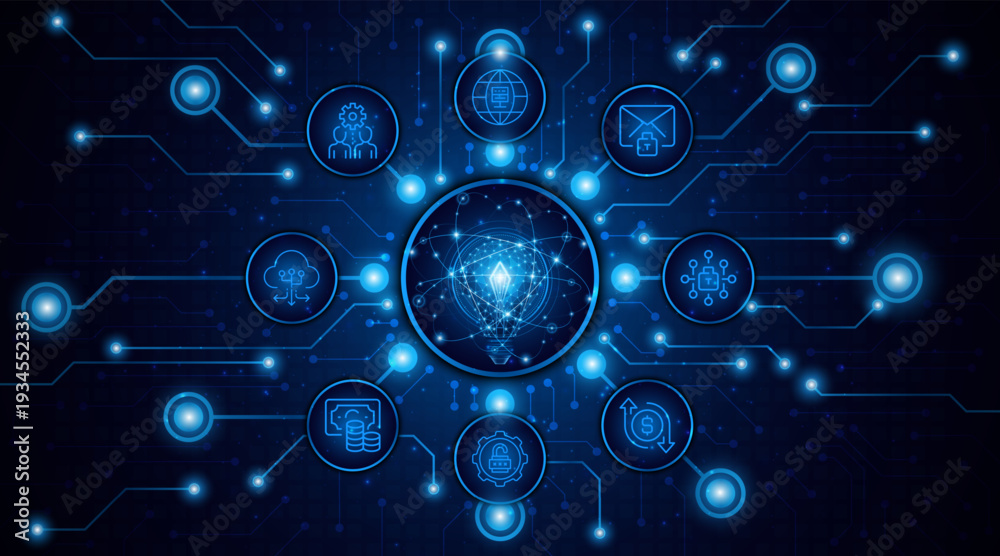 custom made wallpaper toronto digitalAn innovative and creative light bulb concept incorporating advanced smart digital technology. A futuristic light bulb with integrated circuits and data connectivity for business applications.