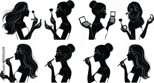Beauty makeup routine silhouette set, woman applying cosmetics with brush, powder palette, lipstick and mirror, feminine fashion illustration isolated on white background