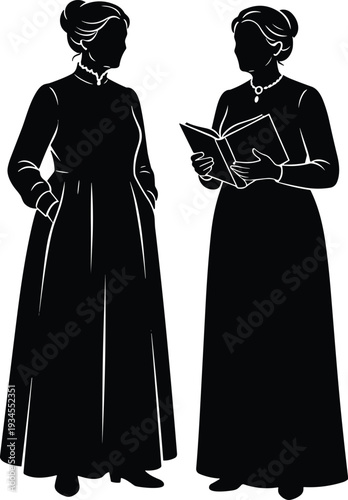 Black silhouette illustration of two women in vintage dresses with high collars, styled hair buns, reading and conversing, symbolizing history, fashion, education, and intellectual discourse.