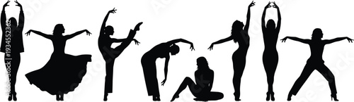 Black silhouette illustration of eight dancers in expressive poses with raised arms, extended legs, and dynamic movements, symbolizing performance art, choreography, and physical expression design.