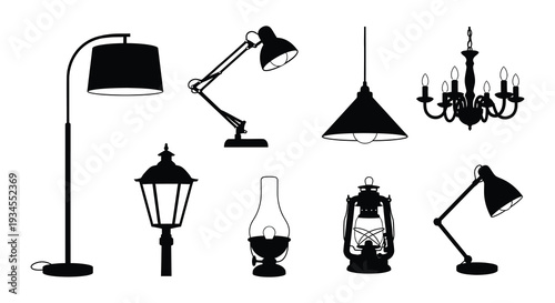 Silhouette collection of various lighting fixtures in black and white