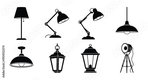 Silhouette collection of various lighting fixtures in black and white