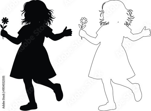 Two whimsical children dancing with flower bouquets in silhouette style