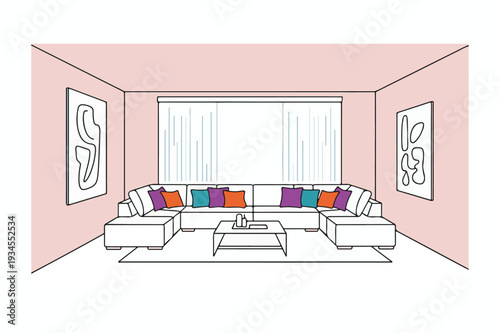 Minimalist living room interior with a large white sectional sofa